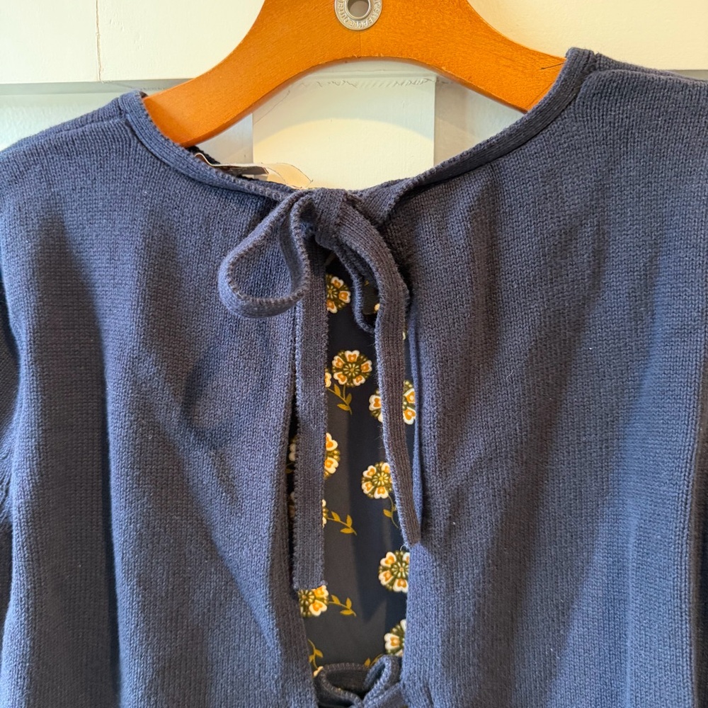 Loft Women’s Sweater Blue Floral‎ Layered-Look Bows 100% Cotton Pullover Small - Picture 5 of 8